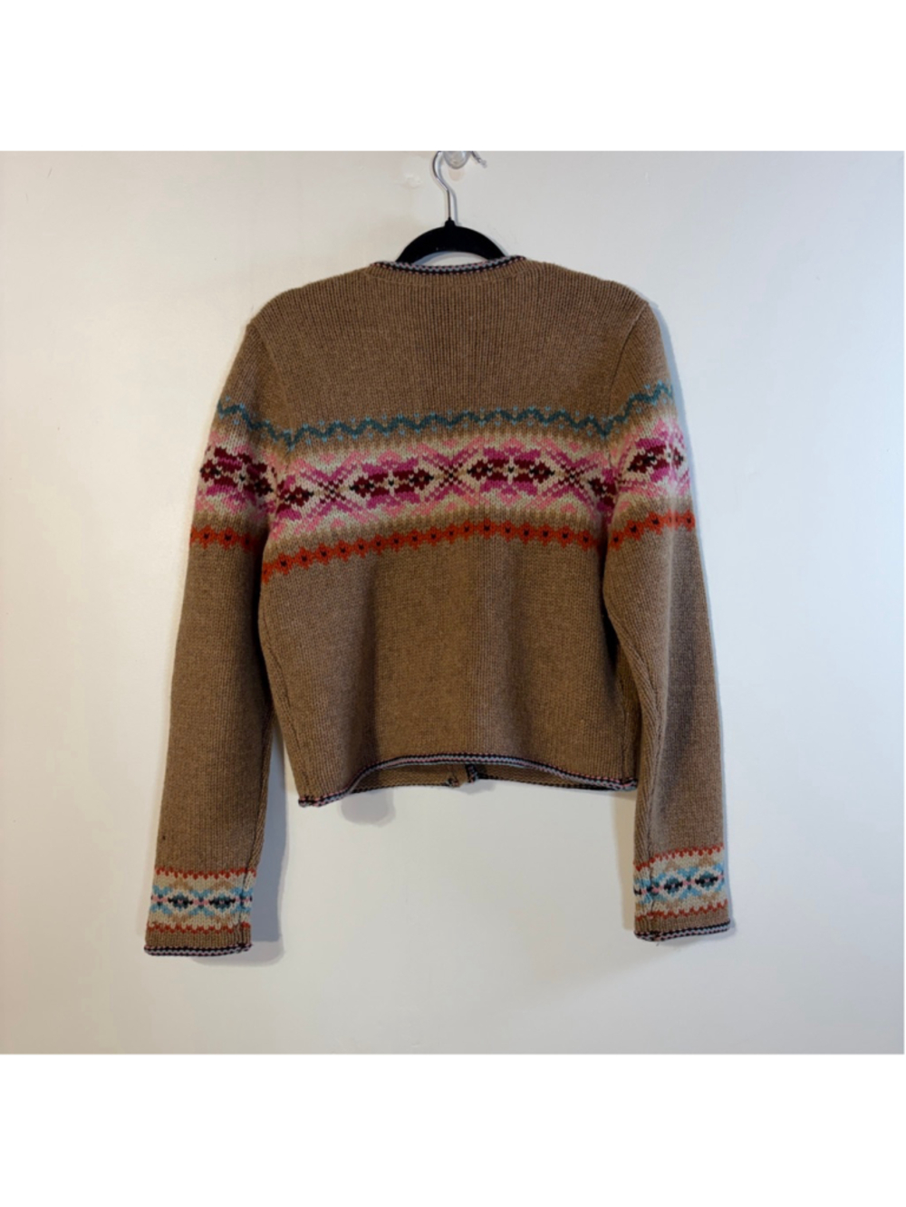 GAP Brown Fair Isle Lambswool Cardigan Women’s Large Button Front V-Neck Pockets - Picture 3 of 12